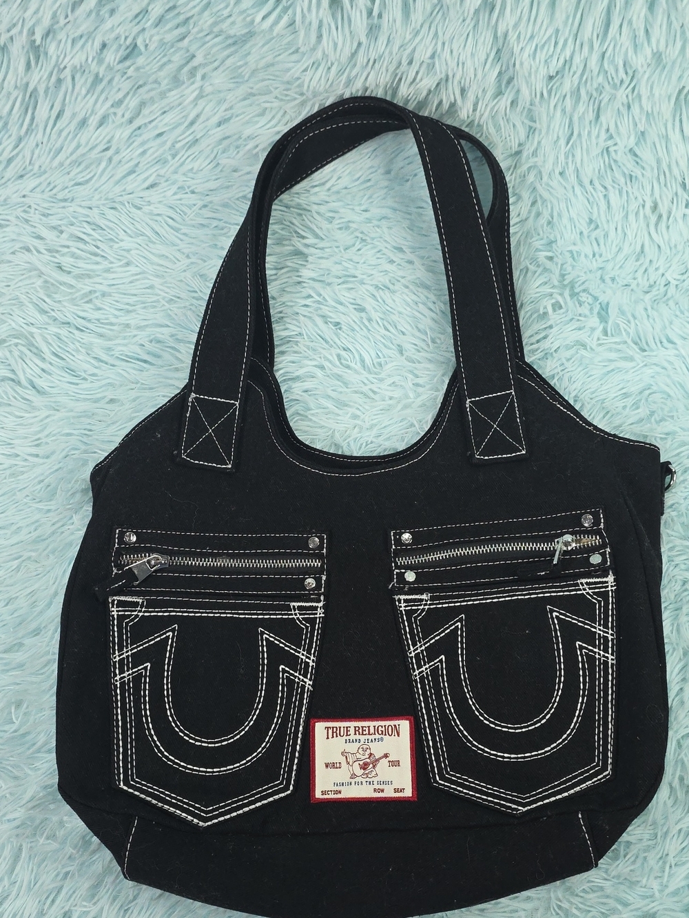 True Religion Black Denim Horseshoe Stitch Satchel Shoulder Bag Purse Y2K‎